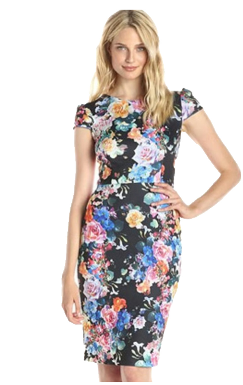 Betsey Johnson Sz 6 Floral Sheath Dress Black Knee Length Autumn Wedding Guest
